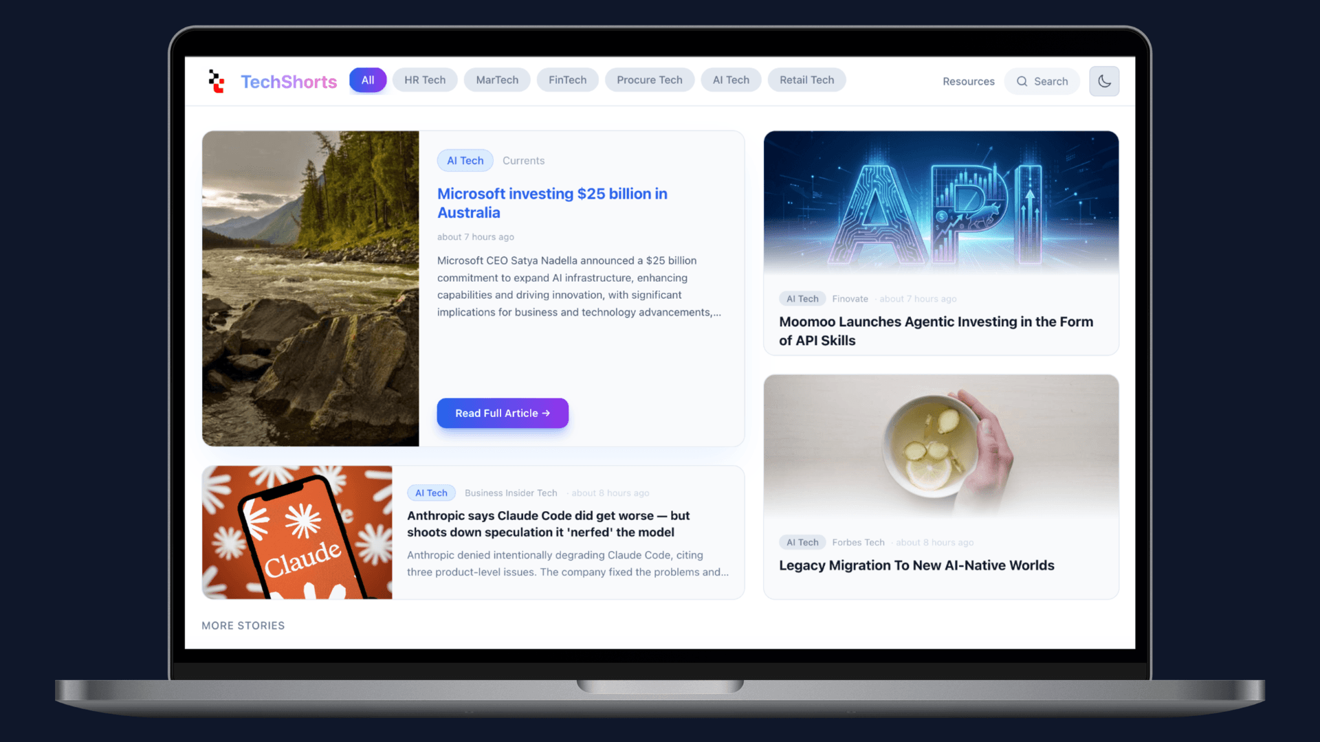 TechShorts homepage — AI-powered news feed